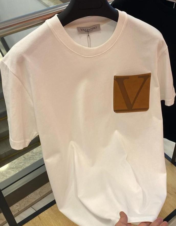 Valentino Men’s Designer White T-Shirt with Leather Pocket