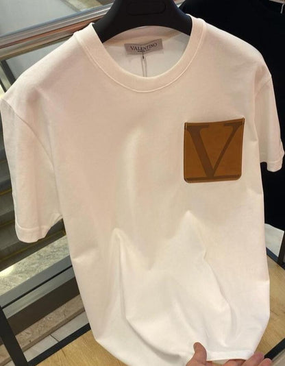 Valentino Men’s Designer White T-Shirt with Leather Pocket
