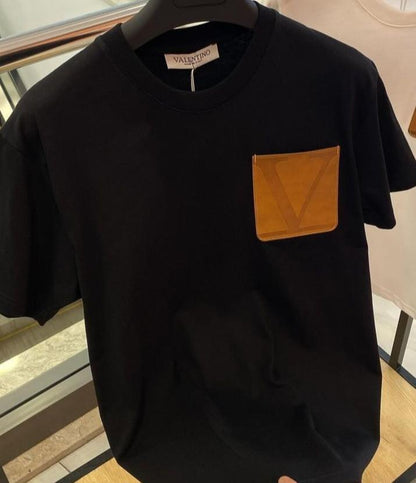 Valentino Men’s Designer Black T-Shirt with Leather Pocket