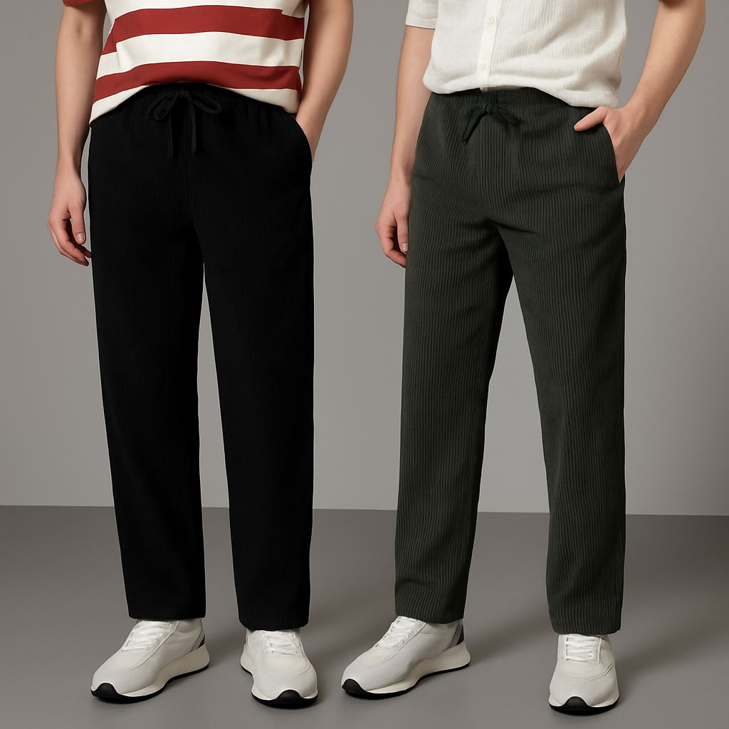 Men’s Corduroy Relaxed Fit Pants – Pack of 2 (Black & Olive Green)