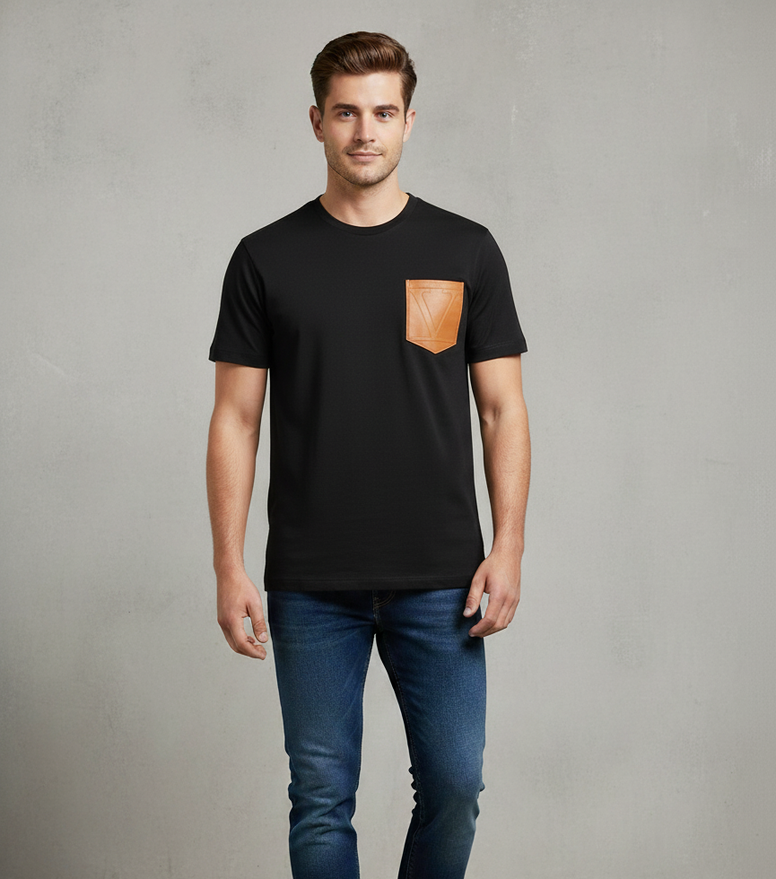 Valentino Men’s Designer Black T-Shirt with Leather Pocket