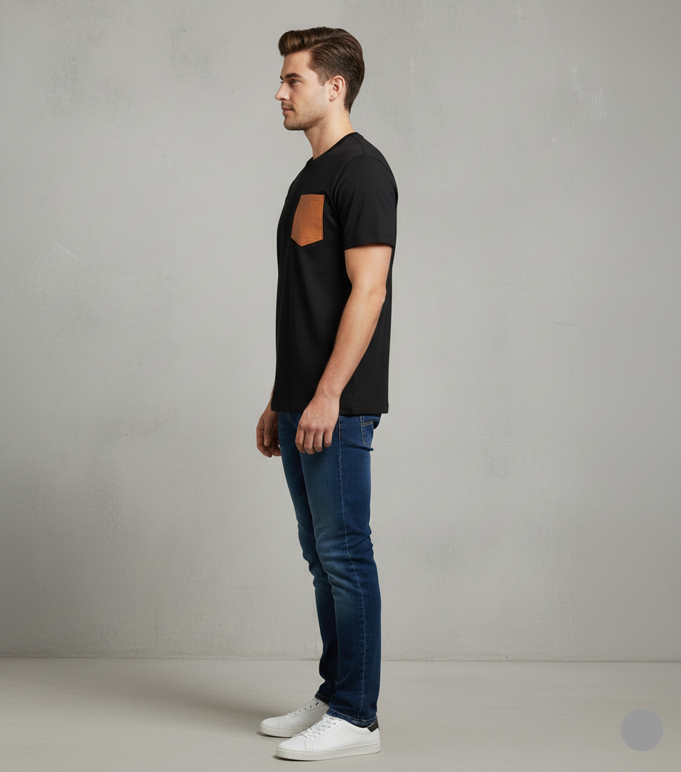 Valentino Men’s Designer Black T-Shirt with Leather Pocket