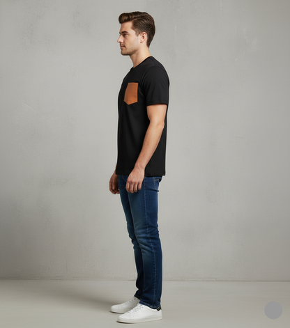 Valentino Men’s Designer Black T-Shirt with Leather Pocket