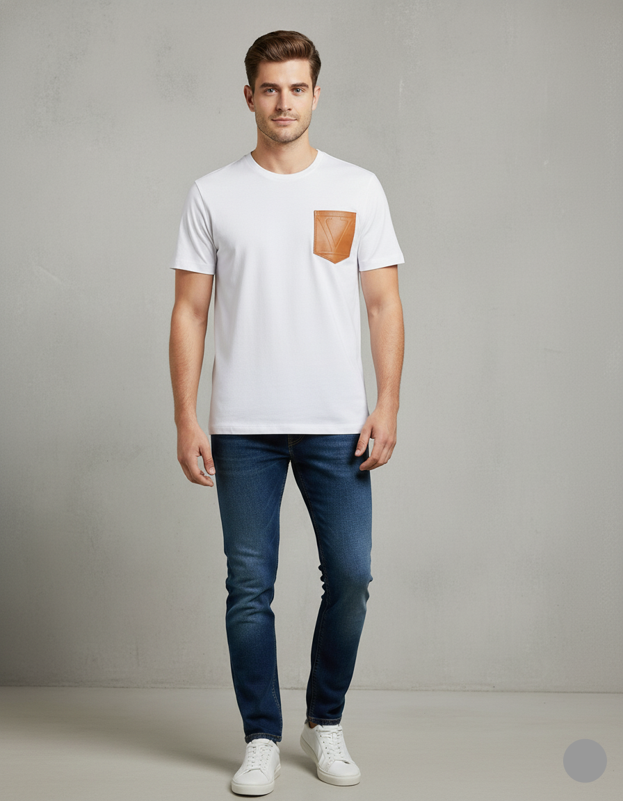 Valentino Men’s Designer White T-Shirt with Leather Pocket