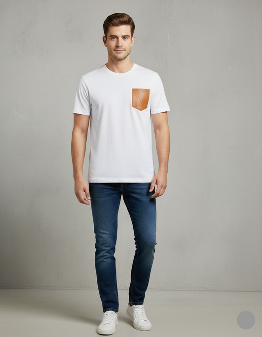 Valentino Men’s Designer White T-Shirt with Leather Pocket